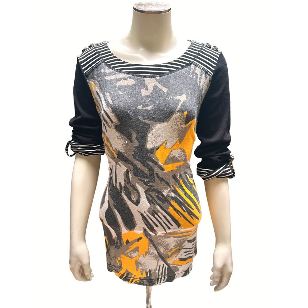 City Girl Nancy Bolen Abstract Tunic Top Striped Black and Yellow 95 Rayon Small